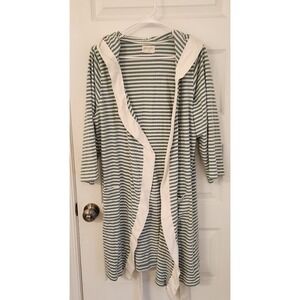 Pure Fiber Hooded Robe Sage‎ Green White Striped Organic Cotton Loungewear L/XL
